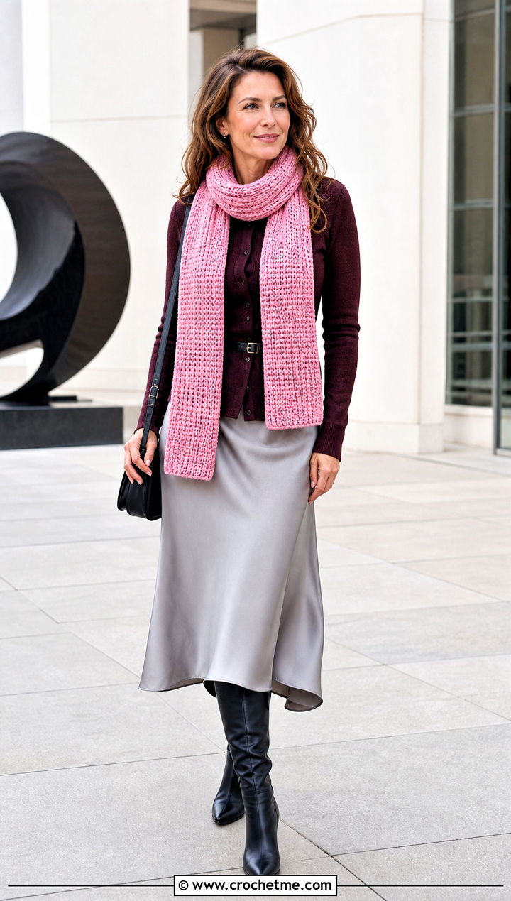 Tunisian Purl Stitch Scarf With Cardigan And Midi Skirt - 35 tunisian crochet scarf outfit ideas