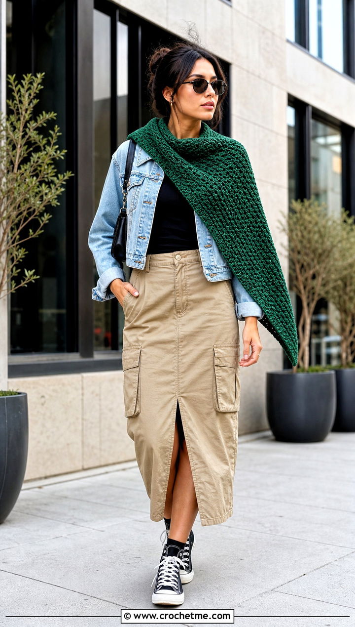 Tunisian Purl Stitch Shawl With Cargo Skirt - 35 tunisian crochet shawl outfit ideas
