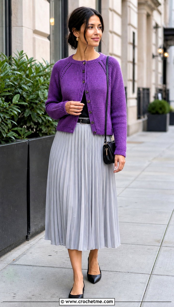 Tunisian Raglan Cardigan With Pleated Midi Skirt - 35 tunisian crochet cardigan outfit ideas