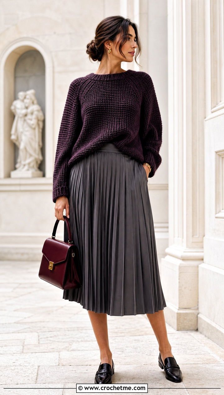Tunisian Raglan Sweater With Pleated Midi Skirt - 35 tunisian crochet sweater outfit ideas