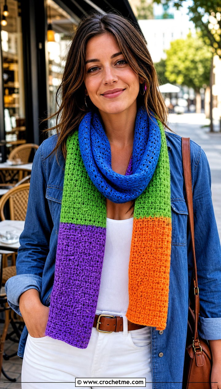 Tunisian Rainbow Scarf With Denim Shirt And White Jeans - 15 Crochet Rainbow Scarf outfit ideas