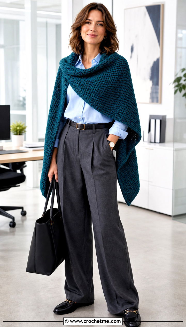 Tunisian Rectangle Crochet Shawl With Tailored Trousers - 20 Rectangle Crochet Shawls outfit ideas