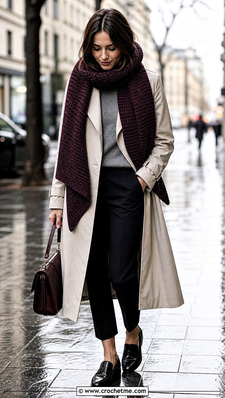 Tunisian Rectangle Crochet Shawl With Trench Coat - 25 Easy Rectangle Crochet Shawl outfit ideas