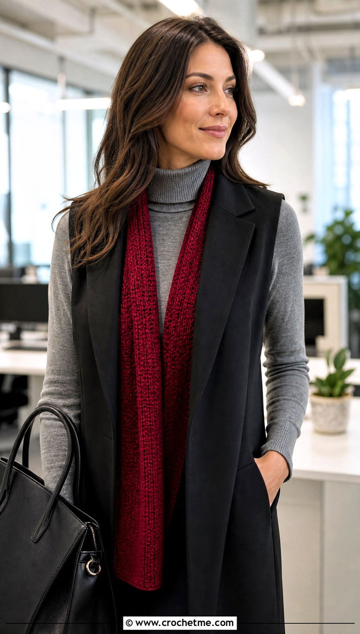 Tunisian Red Crochet Scarf With Longline Vest And Tailored Pants - 25 taylor swift red crochet scarf outfit ideas