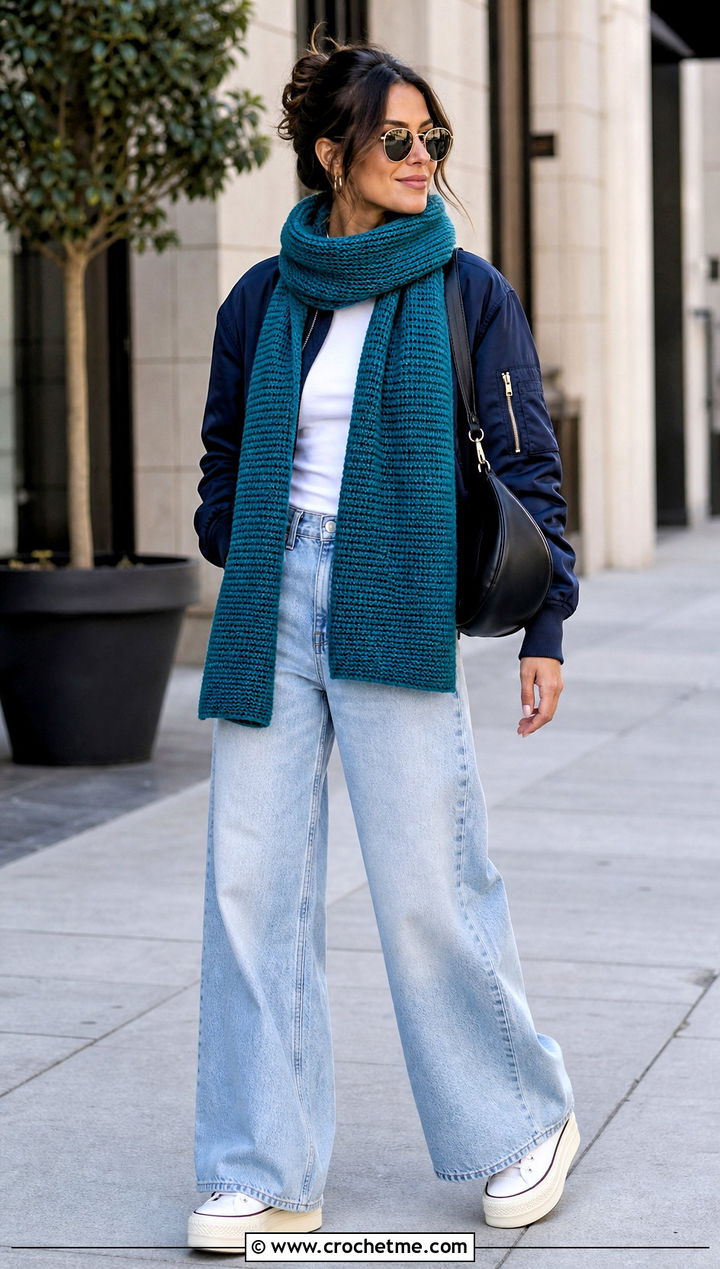 Tunisian Reverse Stitch Scarf With Bomber Jacket - 35 tunisian crochet scarf outfit ideas