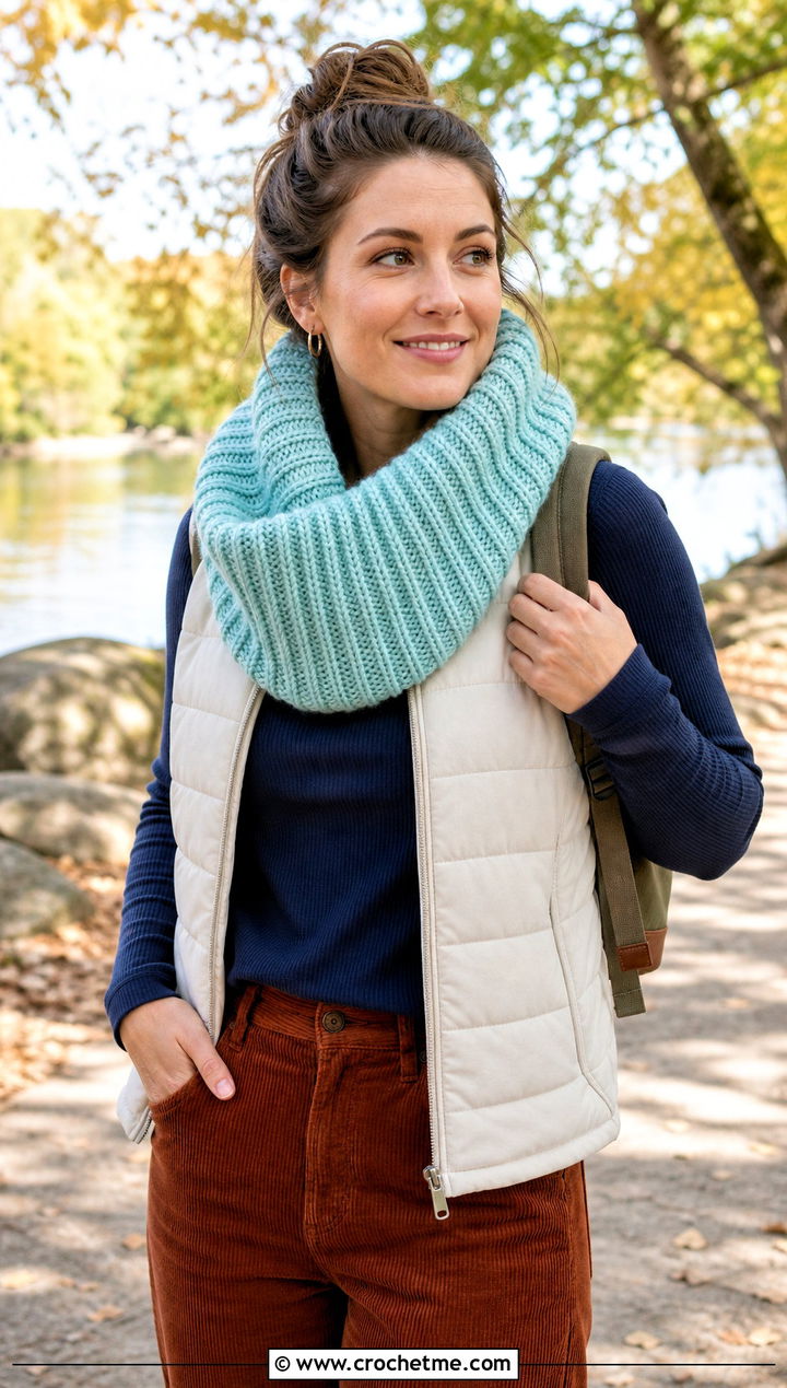 Tunisian Rib Stitch Infinity Scarf With Puffer Vest And Corduroy Pants - 15 Tunisian Crochet Infinity Scarf outfit ideas