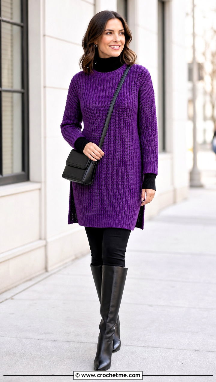 Tunisian Rib Stitch Tunic With Leggings And Boots - 20 Tunisian Crochet Clothing and outfit ideas
