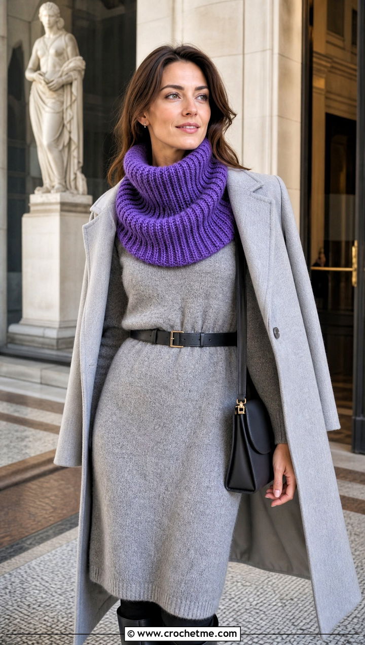 Tunisian Ribbed Cowl With Sweater Dress And Boots - 15 Tunisian Crochet Cowl outfit ideas