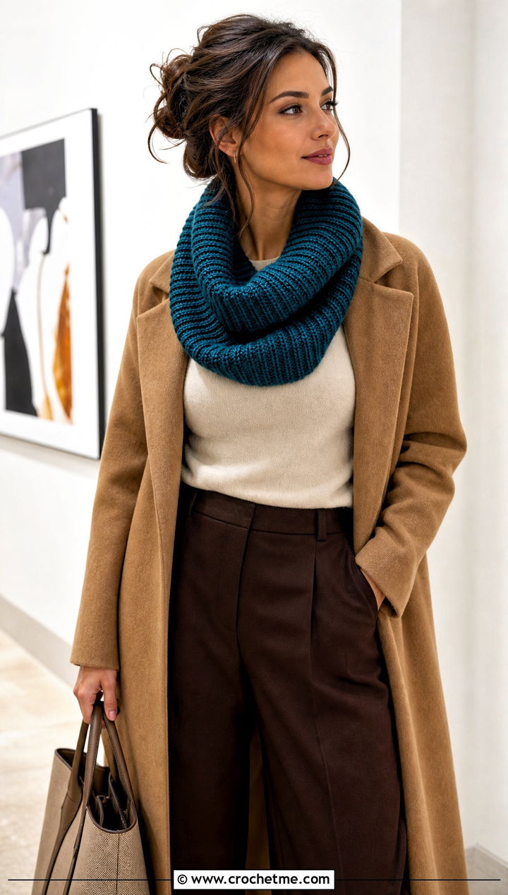 Tunisian Ribbed Cowl With Wide Leg Trousers - 20 Crochet Ribbed Cowl outfit ideas