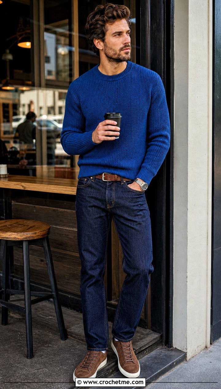 Tunisian Ribbed Crewneck Sweater With Dark Jeans - 15 Tunisian Crochet Mens Sweater outfit ideas