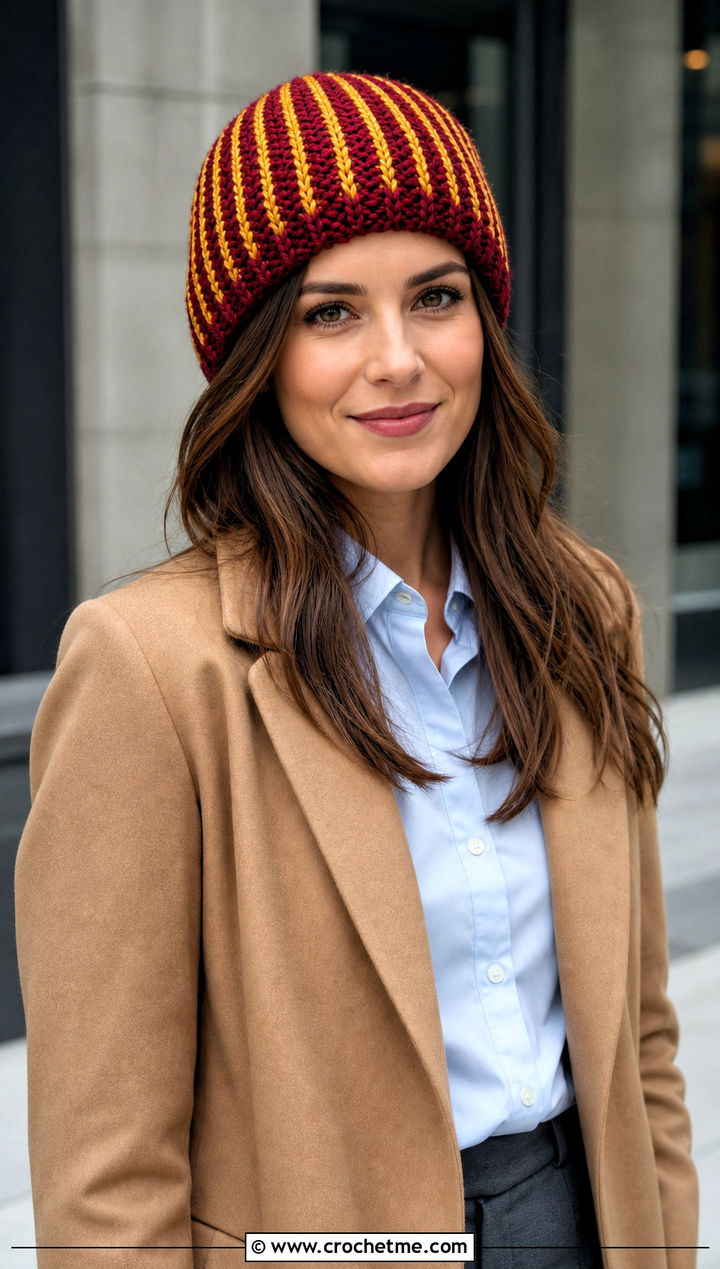 Tunisian Ribbed Gryffindor Crochet Beanie With Tailored Trousers - 15 gryffindor crochet hat outfit ideas
