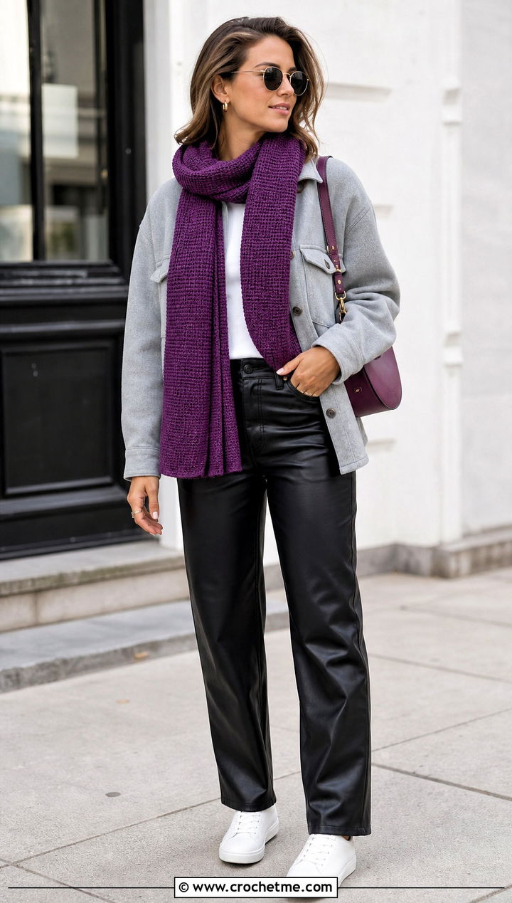 Tunisian Seed Stitch Scarf With Shacket And Leather Pants - 35 tunisian crochet scarf outfit ideas