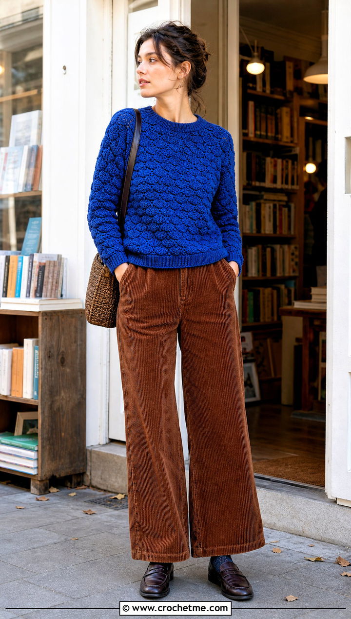 Tunisian Shell Stitch Crochet Sweater With Corduroy Pants - 25 Shell Stitch Crochet Sweater outfit ideas