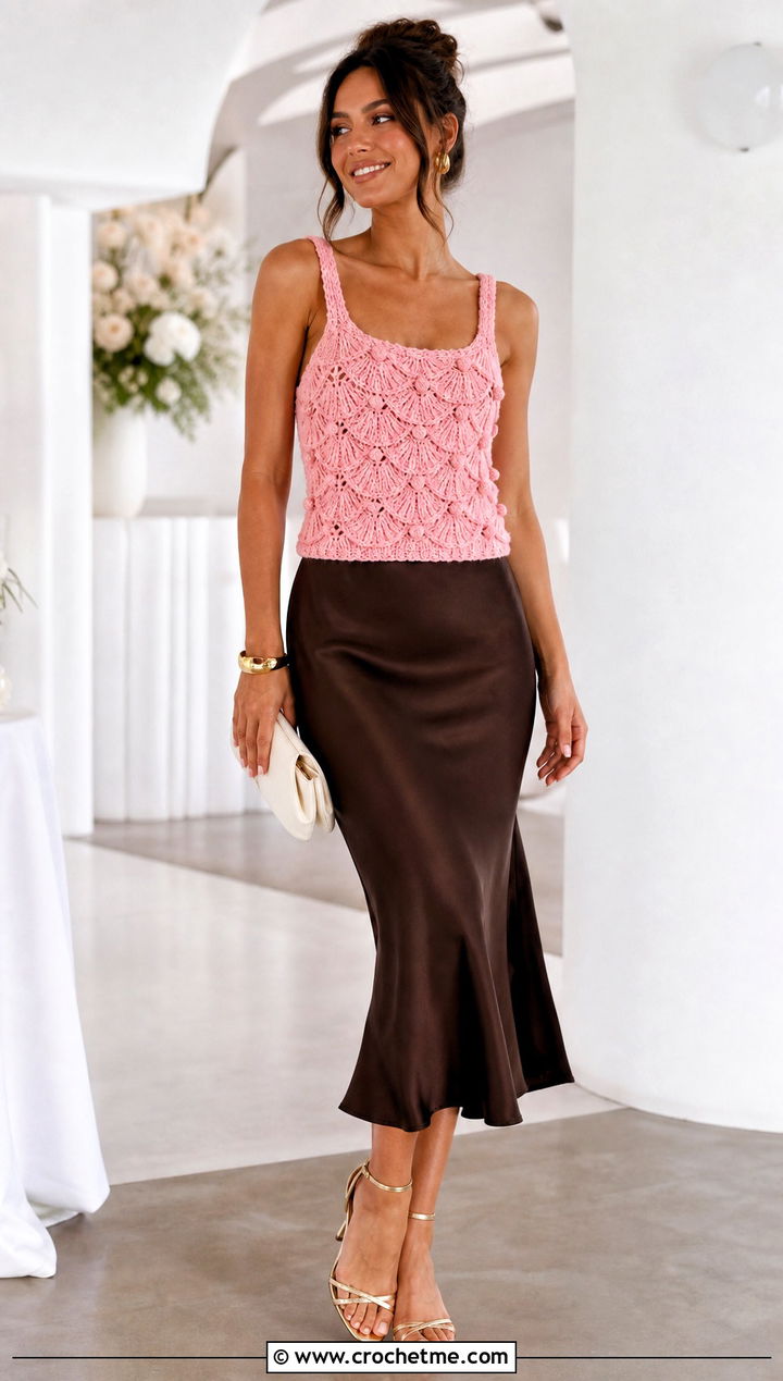 Tunisian Shell Stitch Tank With Satin Midi Skirt - 15 tunisian crochet tank top outfit ideas
