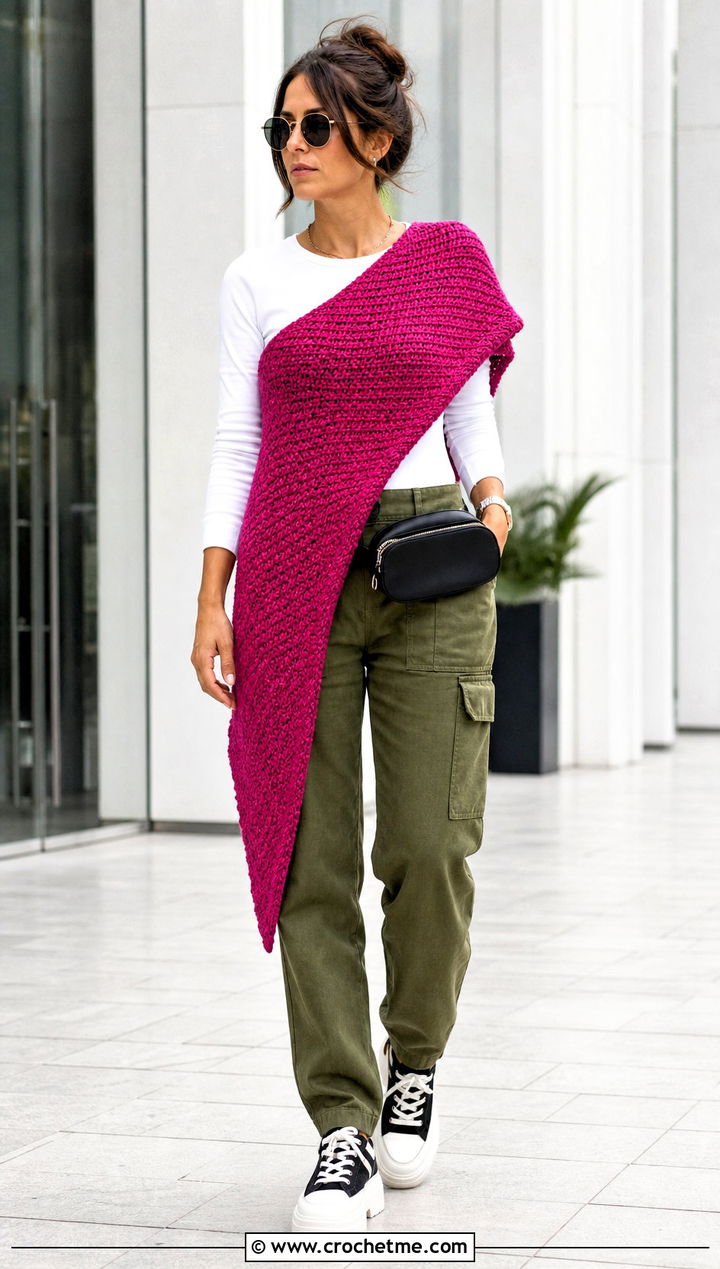 Tunisian Sideways Crochet Shawl With Utility Pants - 25 Sideways Crochet Shawl outfit ideas