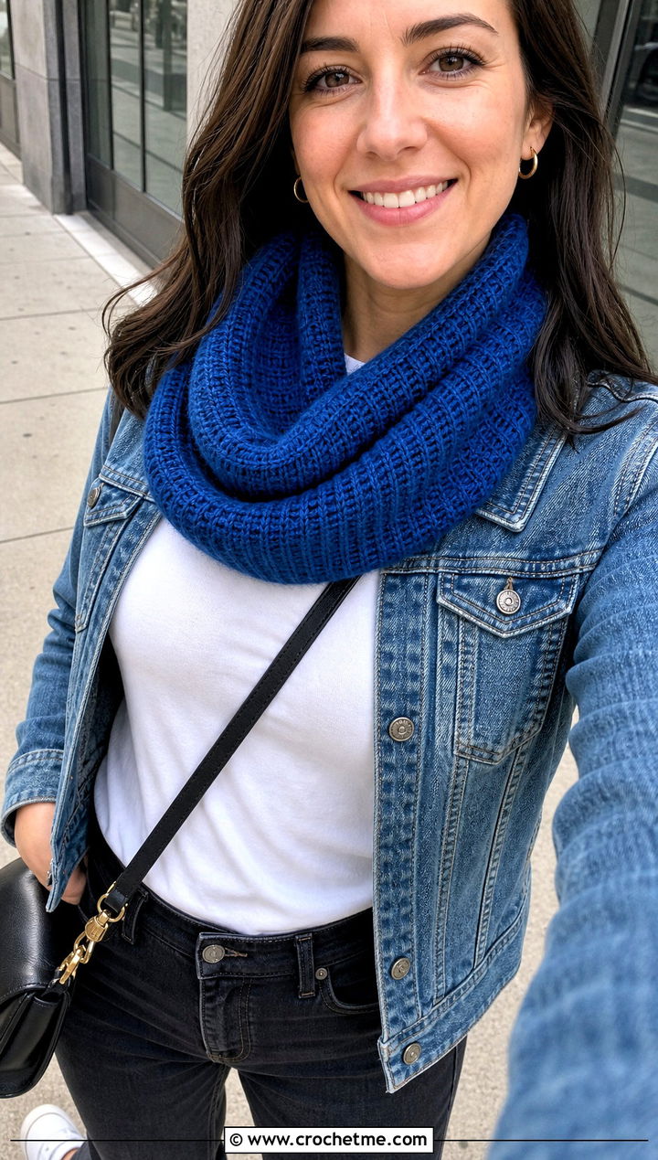 Tunisian Simple Stitch Cowl With Denim Jacket - 15 Tunisian Crochet Cowl outfit ideas