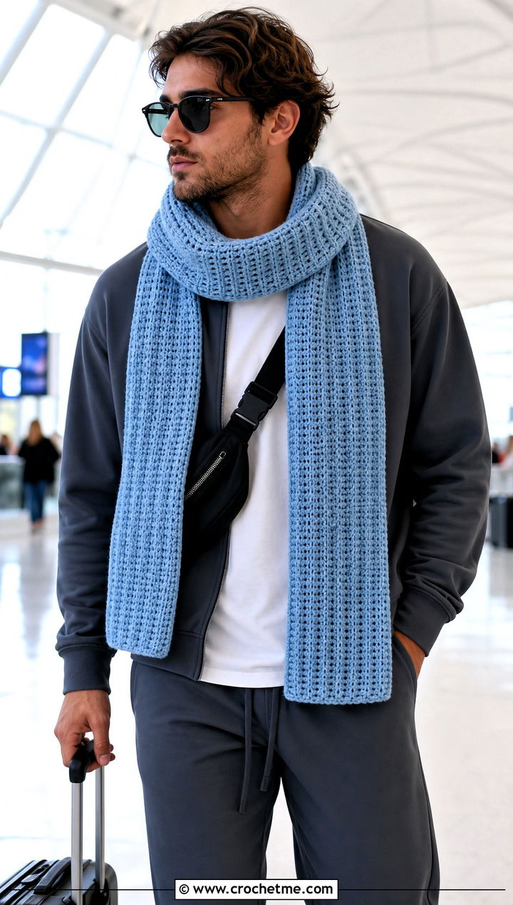 Tunisian Simple Stitch Crochet Scarf With Tracksuit - 15 crochet stitch for mens scarf outfit ideas