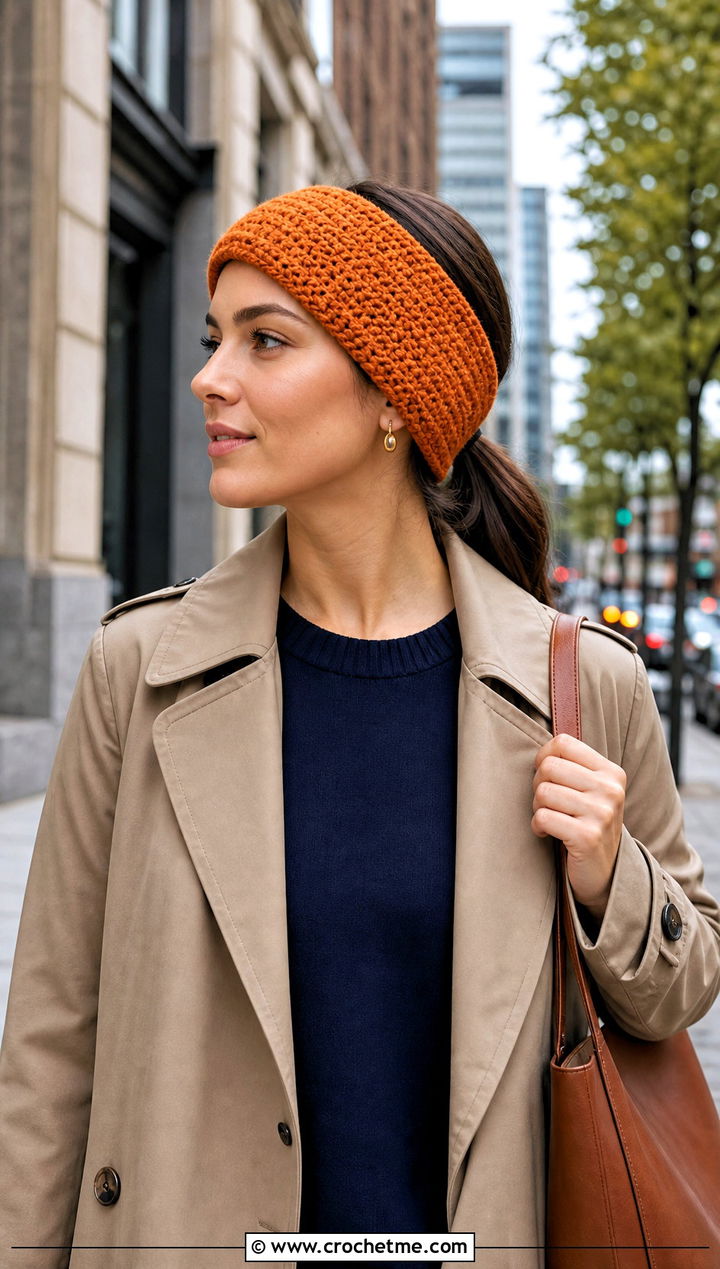 Tunisian Simple Stitch Earwarmer With Trench Coat - 15 Tunisian Crochet Earwarmer outfit ideas