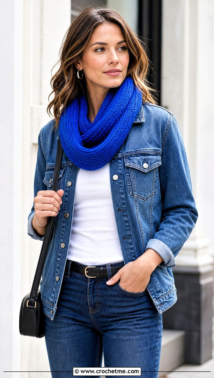 Tunisian Simple Stitch Infinity Scarf With Denim Jacket And Jeans - 15 Tunisian Crochet Infinity Scarf outfit ideas