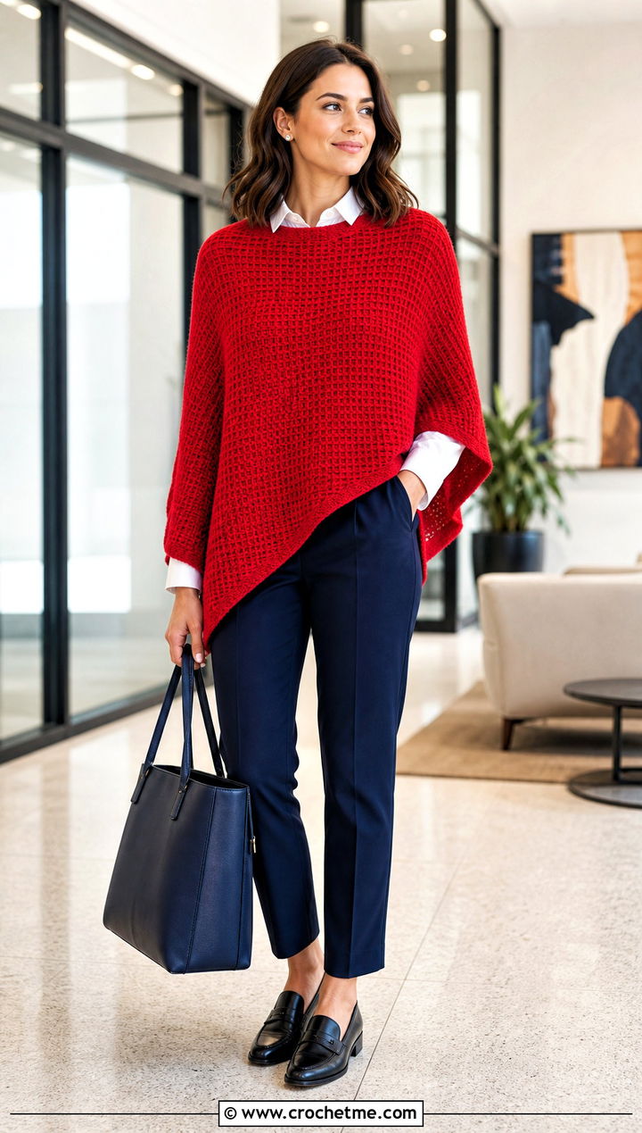 Tunisian Simple Stitch Poncho With Tailored Trousers - 30 tunisian crochet poncho outfit ideas