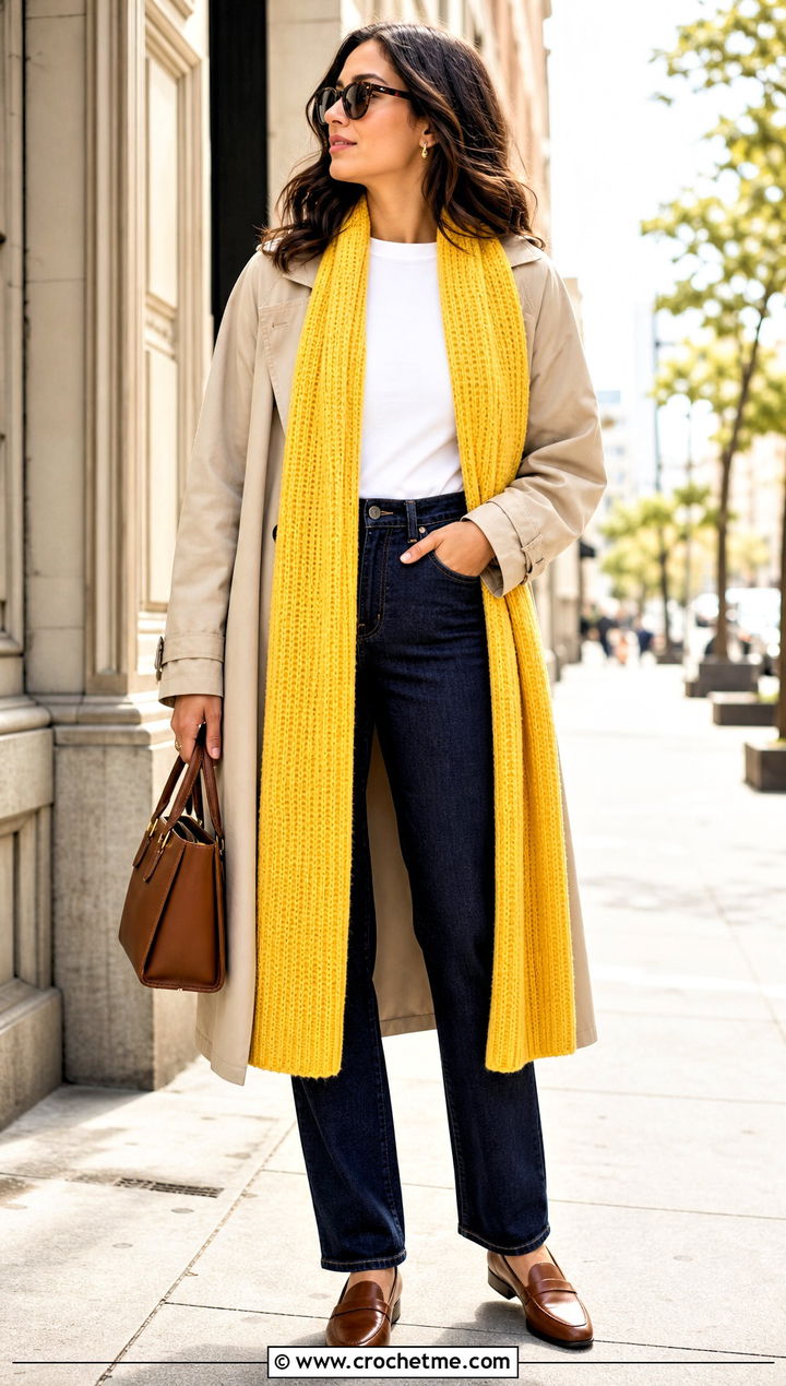 Tunisian Simple Stitch Scarf With Trench Coat - 35 tunisian crochet scarf outfit ideas