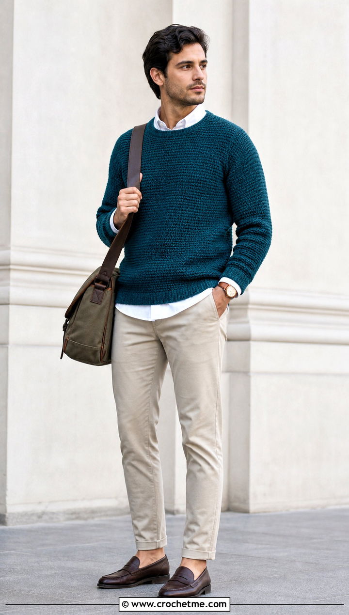 Tunisian Simple Stitch Sweater With Chinos - 15 Tunisian Crochet Mens Sweater outfit ideas