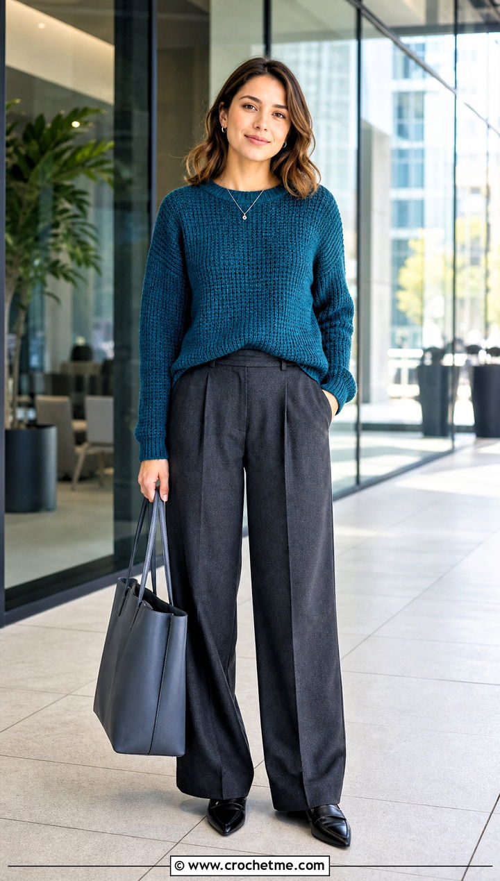 Tunisian Simple Stitch Sweater With Tailored Trousers - 35 tunisian crochet sweater outfit ideas