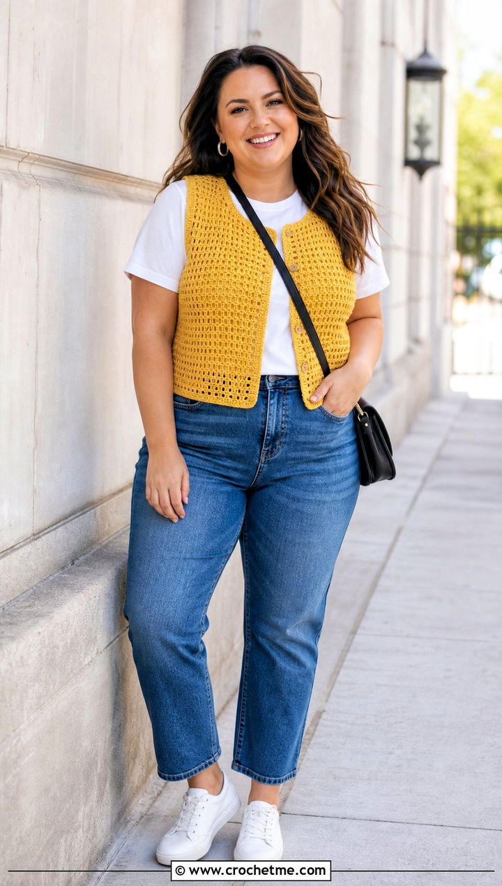 Tunisian Simple Stitch Vest With Straight Leg Jeans - 20 Tunisian Crochet Vest outfit ideas