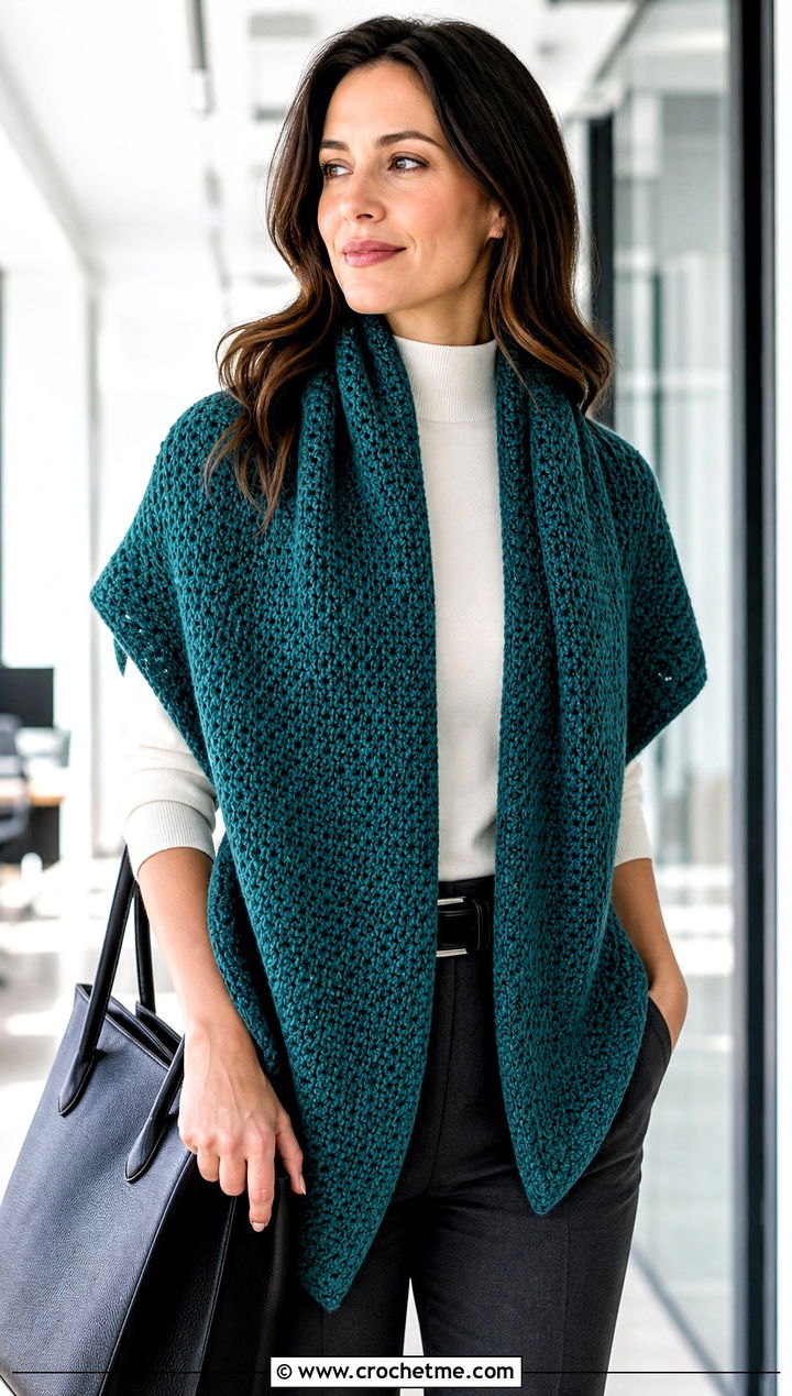 Tunisian Sleeved Crochet Scarf With Tailored Trousers - 25 Sleeved Crochet Scarf outfit ideas