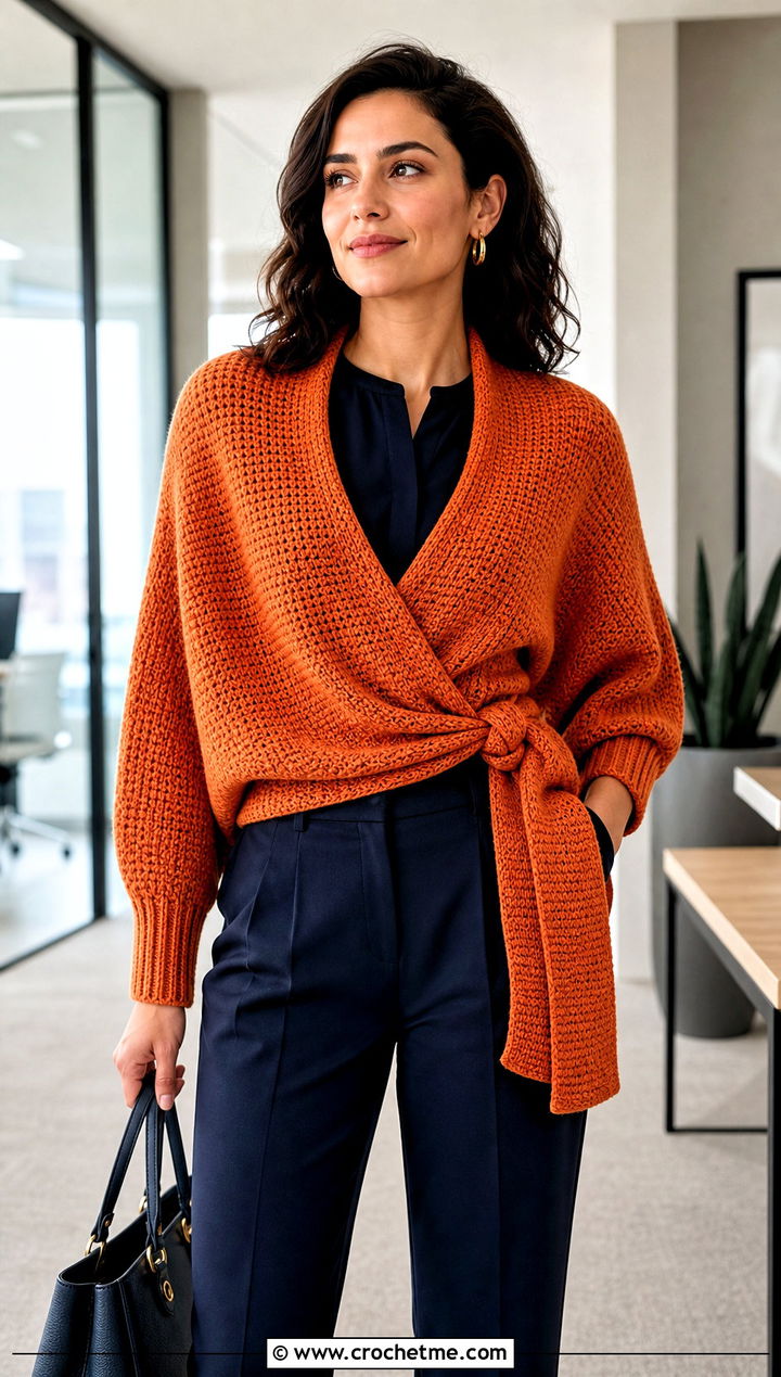 Tunisian Sleeved Wrap With Tailored Trousers - 20 crochet scarf with arms outfit ideas
