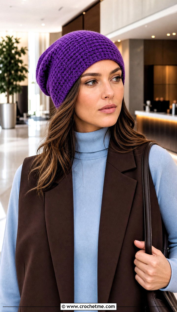 Tunisian Slouchy Crochet Beanie With Longline Vest - 25 Easy Slouchy Crochet Beanie outfit ideas