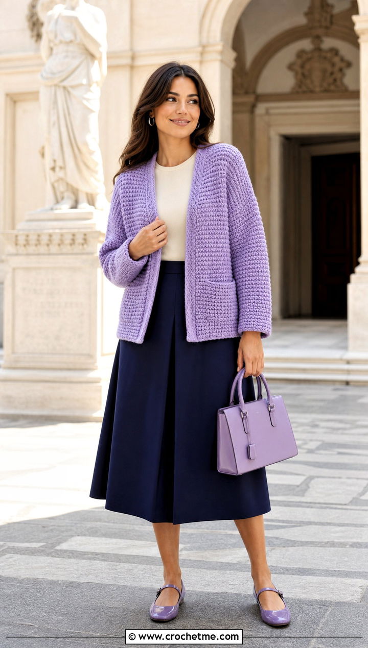 Tunisian Smock Stitch Cardigan With A Line Skirt - 35 tunisian crochet cardigan outfit ideas