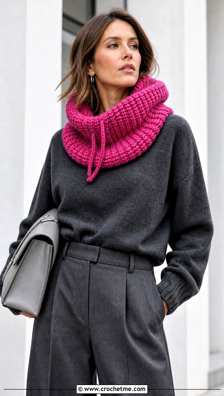 Tunisian Smock Stitch Hooded Cowl With Monochrome Outfit - 15 Tunisian Crochet Hooded Cowl outfit ideas