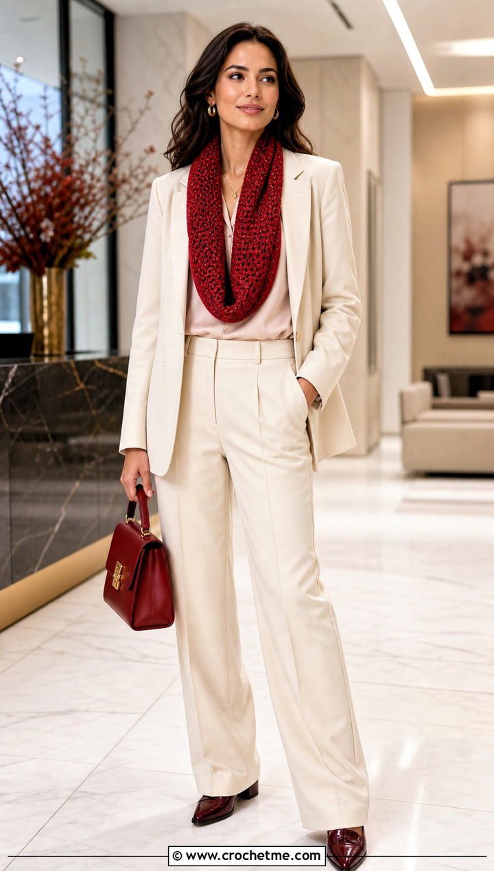 Tunisian Smock Stitch Scarf With Pantsuit - 35 tunisian crochet scarf outfit ideas