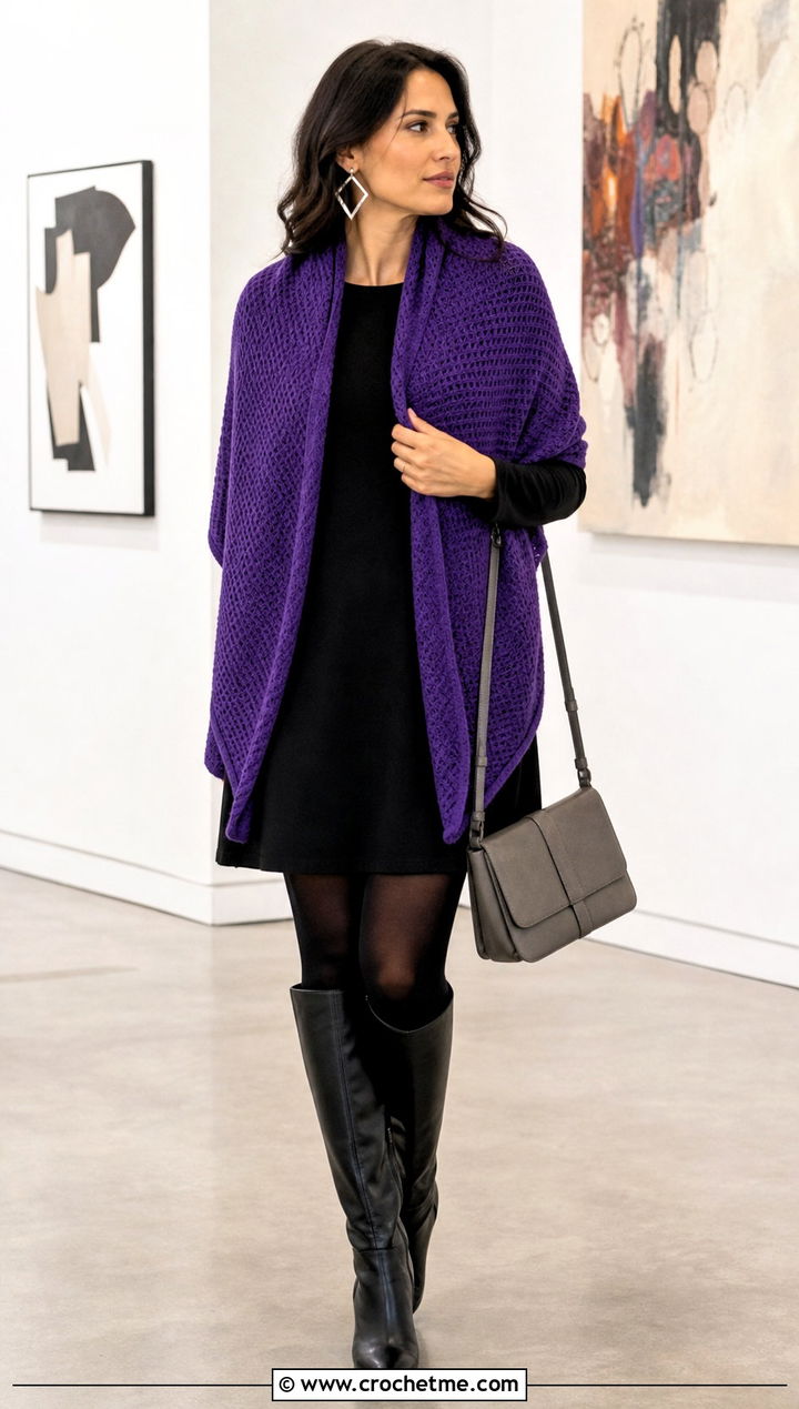 Tunisian Smock Stitch Shawl With Mini Dress - 35 tunisian crochet shawl outfit ideas