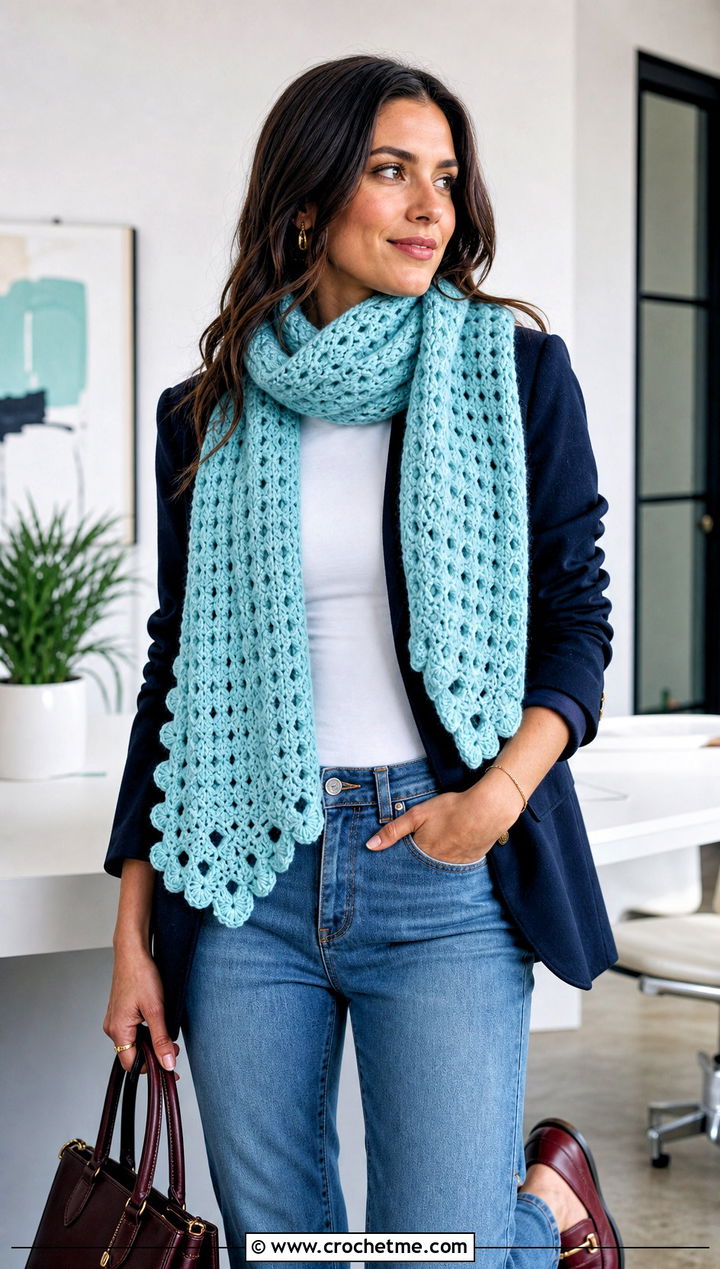 Tunisian Snowfall Crochet Sweater Scarf With Blazer And Jeans - 15 Snowfall Crochet Sweater Scarf outfit ideas