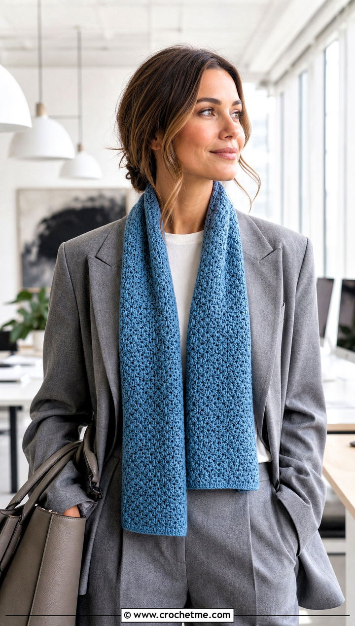 Tunisian Snowflake Crochet Scarf With Trouser Suit - 25 Snowflake Crochet Scarf outfit ideas