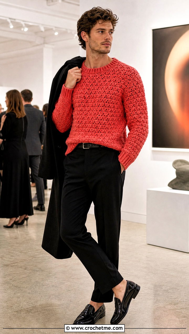 Tunisian Star Stitch Pullover With Black Trousers - 15 Tunisian Crochet Mens Sweater outfit ideas