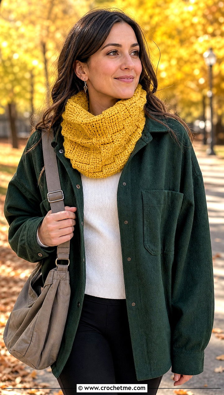 Tunisian Step Stitch Cowl With Shacket And Leggings - 15 Tunisian Crochet Cowl outfit ideas