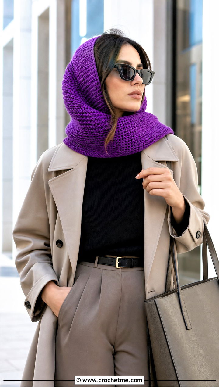 Tunisian Stitch Crochet Head Scarf With Trench Coat and Wide Leg Pants - 25 Crochet Boho Head Scarf outfit ideas