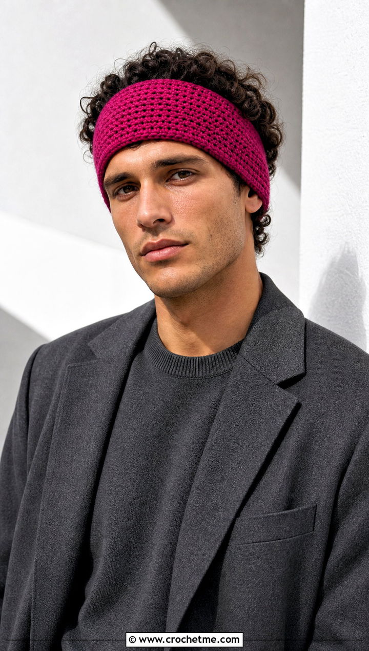 Tunisian Stitch Crochet Headband With Monochrome Suit - 15 Crochet Headband For Men outfit ideas