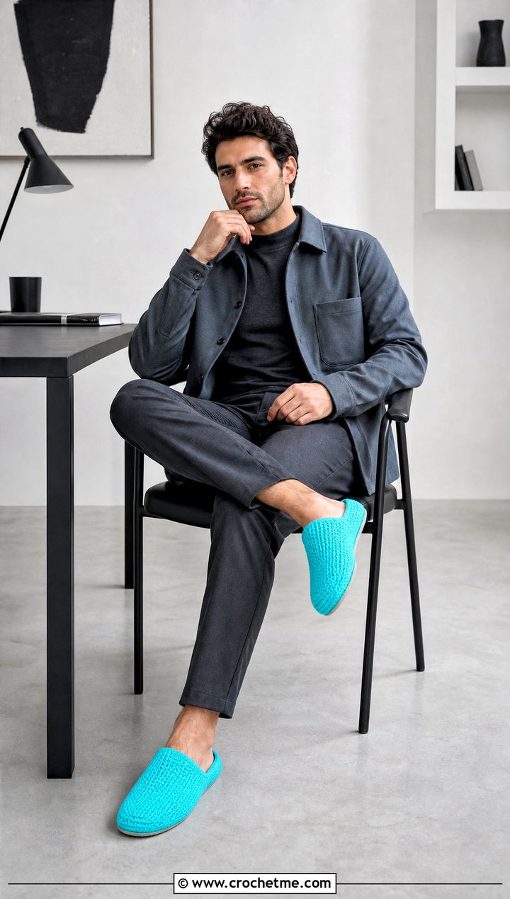 Tunisian Stitch Crochet Mens Slippers With a Monochrome Outfit - 30 crochet men's slippers outfit ideas