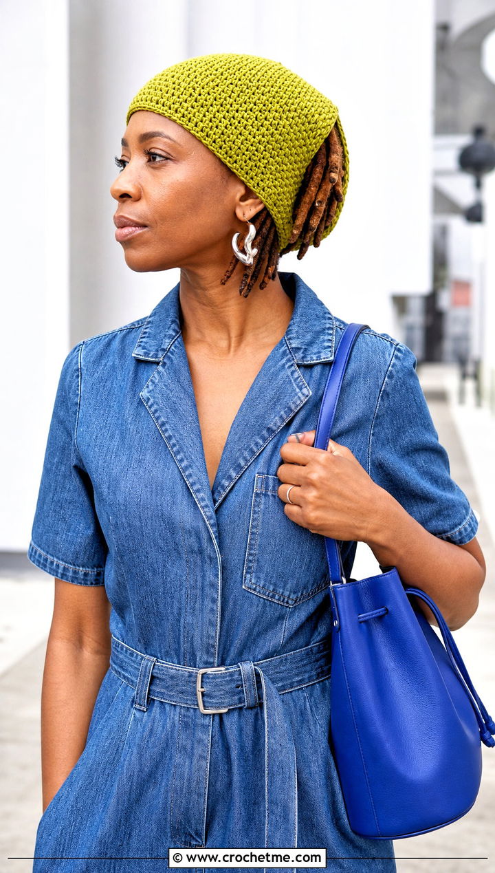 Tunisian Stitch Crochet Tube Hat With Denim Jumpsuit - 25 Crochet Tube Hat outfit ideas