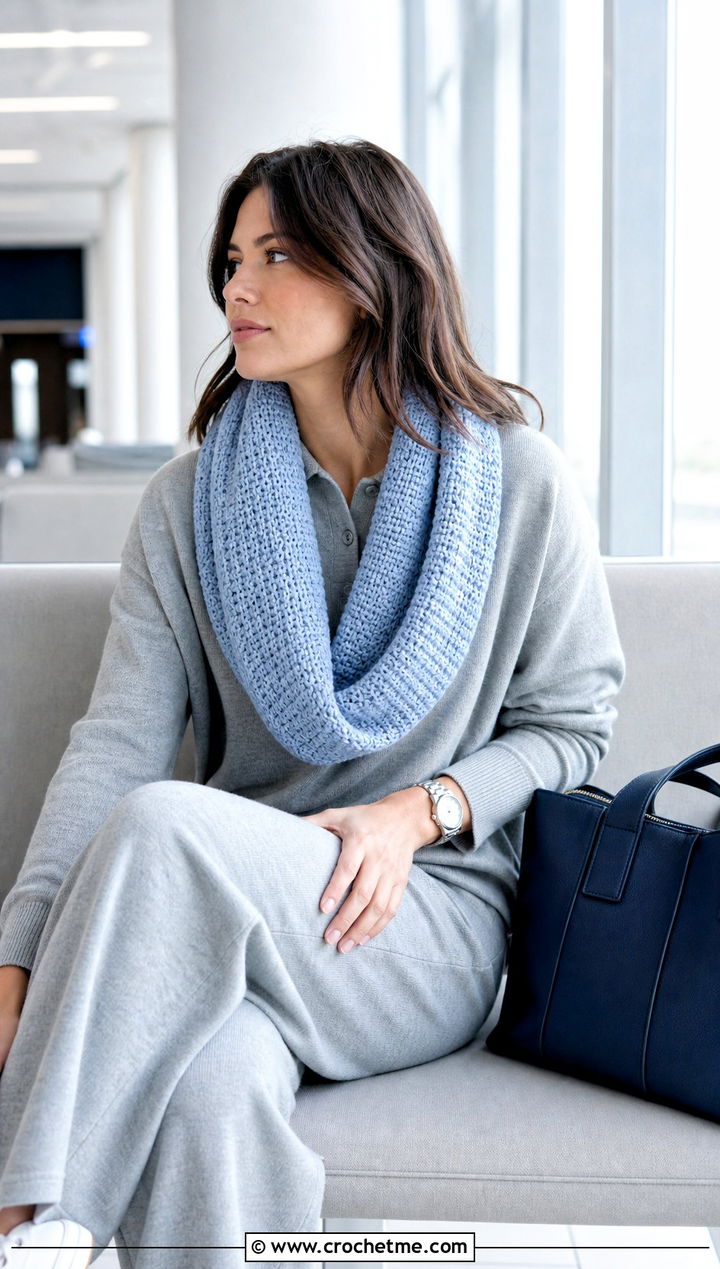 Tunisian Stitch Crocheted Infinity Scarf With Knit Set and Sneakers - 15 Easy Crocheted Infinity Scarf outfit ideas