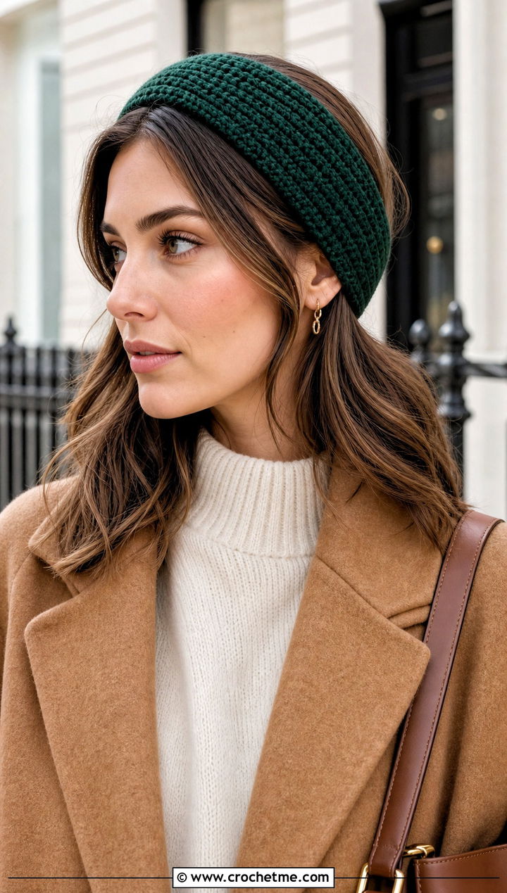 Tunisian Stitch Green Crochet Headband With Wool Coat And Trousers - 30 green crochet headband outfit ideas