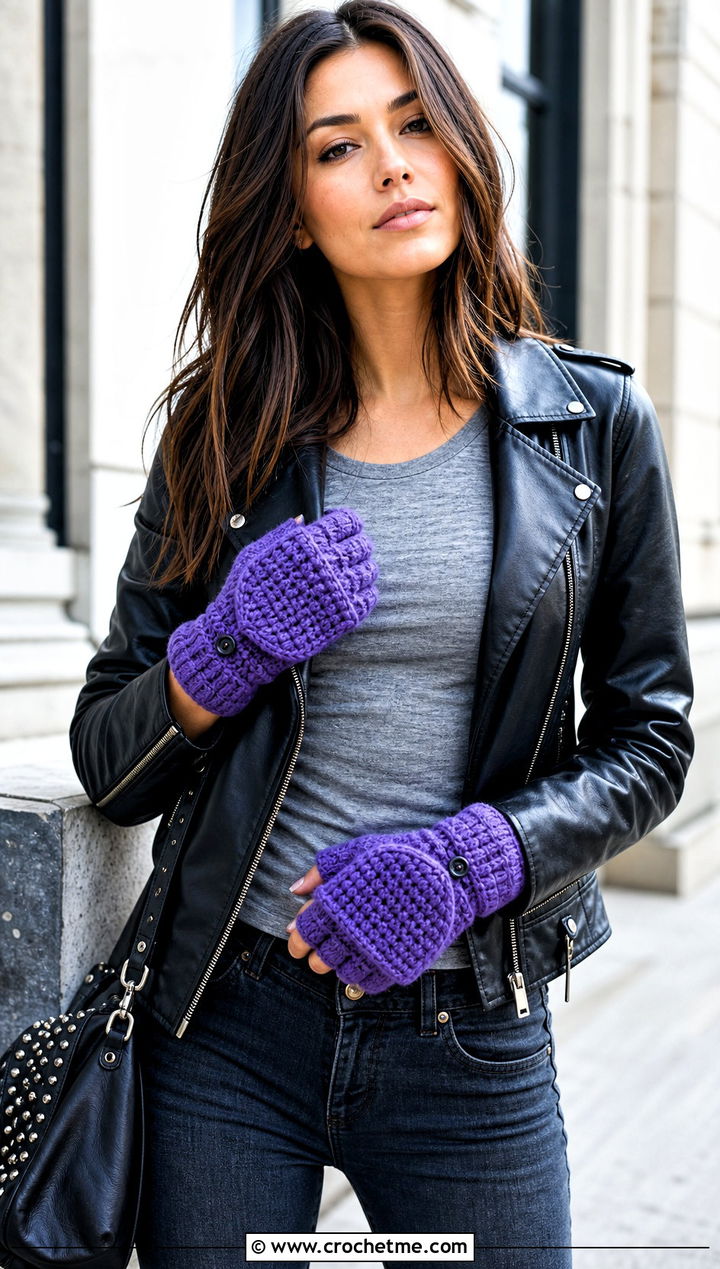 Tunisian Stitch Mitten Flap Crochet Gloves With Leather Jacket - 15 Convertible Crochet Fingerless Gloves outfit ideas