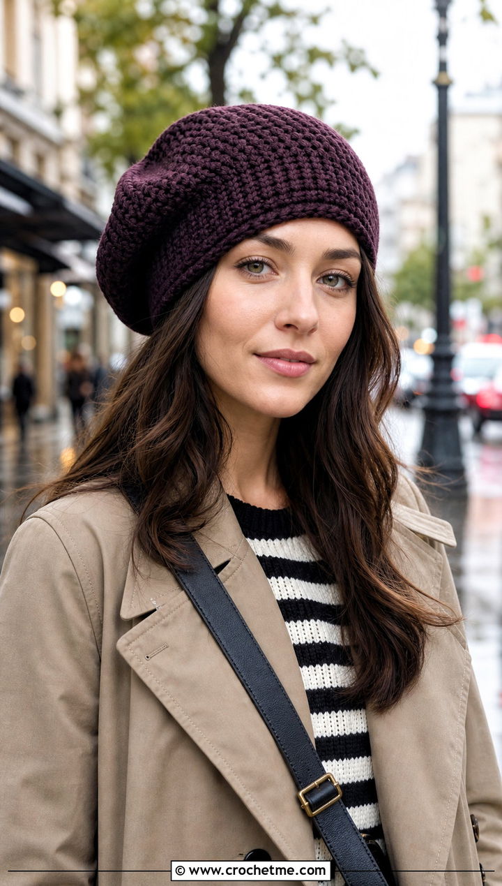 Tunisian Stitch Slouchy Crochet Beret With Trench Coat - 25 Slouchy Crochet Beret outfit ideas