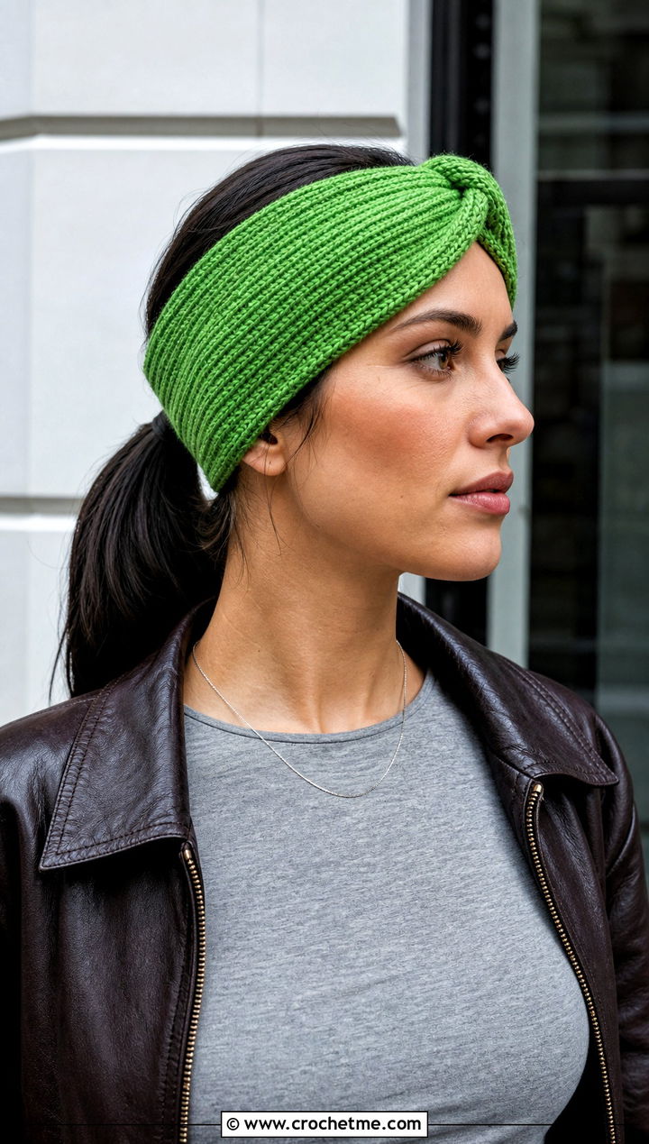 Tunisian Stitch Twisted Knot Crochet Headband With Leather Jacket - 15 Twisted Knot Crochet Headband outfit ideas