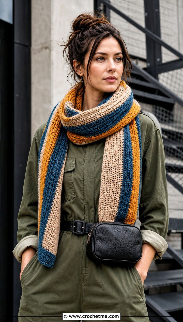 Tunisian Stripe Crochet Scarf With Utility Jumpsuit - 30 Stripe Crochet Scarf outfit ideas