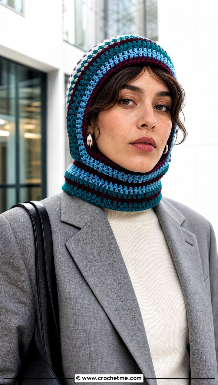 Tunisian Striped Crochet Balaclava With Blazer - 15 Striped Crochet Balaclava outfit ideas
